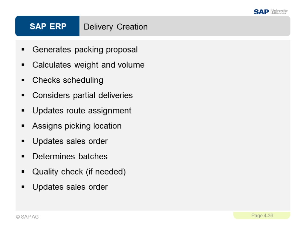 Delivery Creation Generates packing proposal Calculates weight and volume Checks scheduling Considers partial deliveries